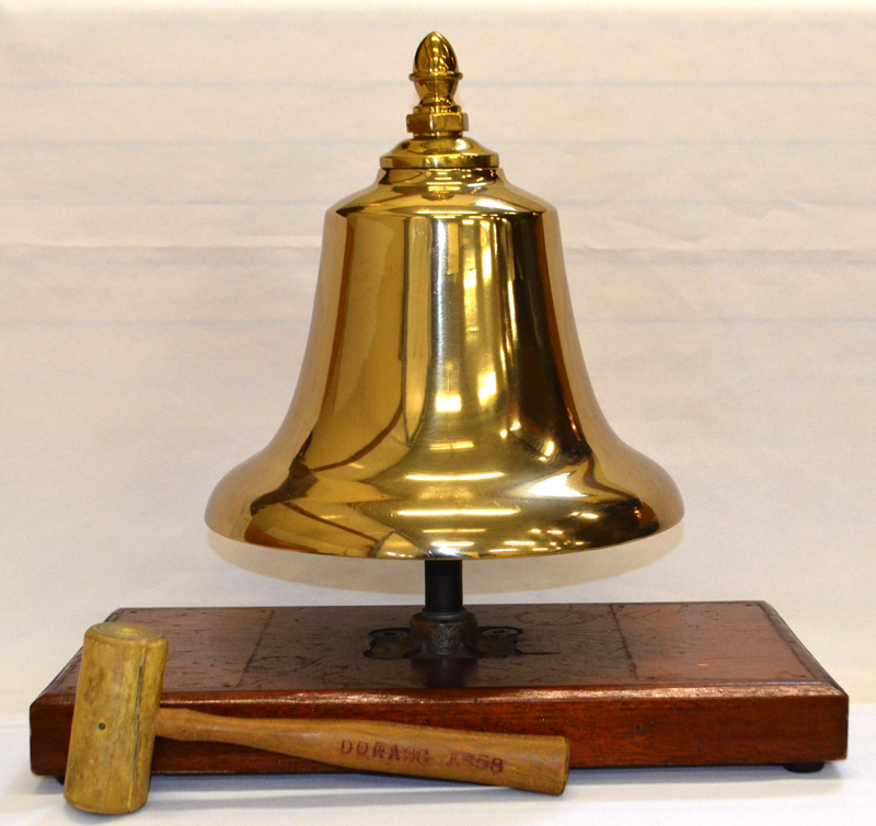 11 inch Vanduzen memorial bell. Brass, on stand with mallet. $985